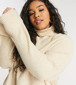 ASOS DESIGN Curve co-ord roll neck sweater with slit detail in camel-Neutral
