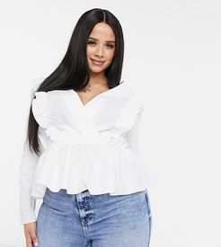 ASOS DESIGN Curve wrap top in cotton with ruffle detail in ivory-White