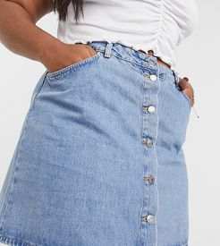 ASOS DESIGN Curve denim button through skirt in blue