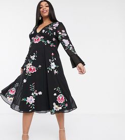 ASOS DESIGN Curve embroidered midi dress with lace inserts-Black