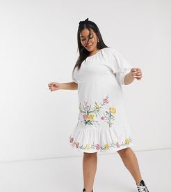 ASOS DESIGN Curve embroidered smock midi dress with puff sleeve in white