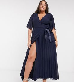ASOS DESIGN Curve exclusive maxi dress with kimono sleeve and tie waist in pleat-Navy