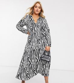 ASOS DESIGN Curve exclusive satin wrap maxi dress in zebra print-Multi
