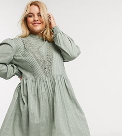 ASOS DESIGN Curve high neck mini smock dress with lace inserts in khaki-Green