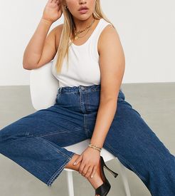 ASOS DESIGN Curve high rise stretch 'slim' straight leg jeans in mid vintage wash-Blues