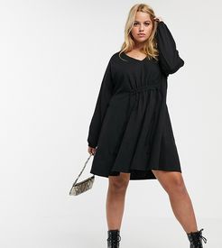 ASOS DESIGN Curve long sleeve smock dress with drawstring waist-Black