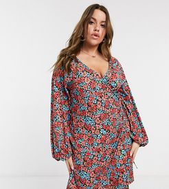 ASOS DESIGN Curve long sleeve wrap mini dress in red orange and blue floral print