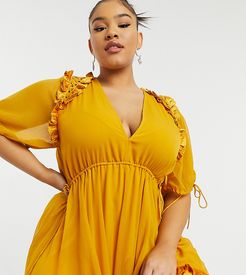 ASOS DESIGN Curve mini dress with satin trim ruffle and tie detail-Yellow