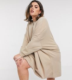 ASOS DESIGN Curve oversize mini sweat dress in camel-Beige