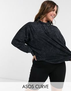 Curve oversized polo top with long sleeves in washed charcoal-Grey
