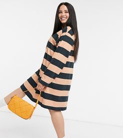 ASOS DESIGN Curve oversized t-shirt dress with long sleeve in black and camel stripe-Neutral