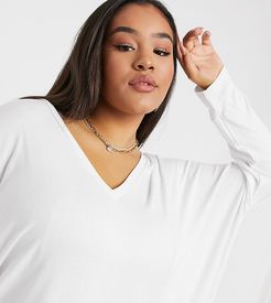 ASOS DESIGN Curve oversized v-neck batwing sleeve top in drapey rib in white