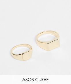 ASOS DESIGN Curve pack of 2 rings in chunky signet design in gold tone