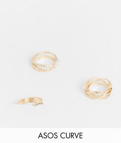 ASOS DESIGN Curve pack of 3 rings with celestial design in gold tone