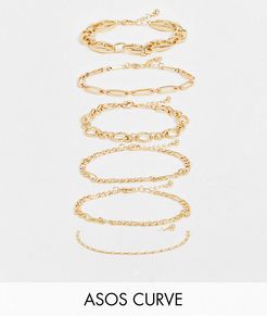 ASOS DESIGN Curve pack of 6 bracelets in mixed chain design in gold tone