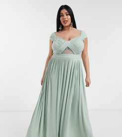 ASOS DESIGN Curve premium lace and pleat bardot maxi dress-Green