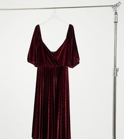 ASOS DESIGN Curve puff sleeve velvet wrap pleat midi dress in oxblood-Red