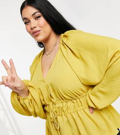 ASOS DESIGN Curve satin batwing sleeve top with tie front in mustard-Yellow