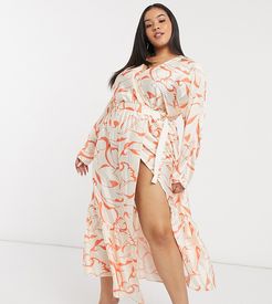 ASOS DESIGN Curve satin wrap tiered maxi dress in abstract print-Multi