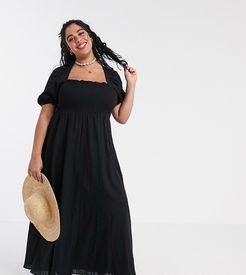 ASOS DESIGN Curve shirred bustier maxi dress with puff sleeve in seersucker in black