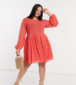 ASOS DESIGN Curve shirred mini smock dress in red ditsy floral print-Multi