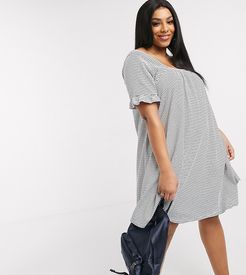 ASOS DESIGN Curve square neck frill sleeve smock dress in navy and cream in stripe-Multi