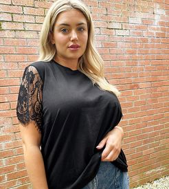 ASOS DESIGN Curve t-shirt with lace sleeve detail in black