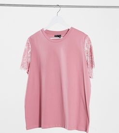 ASOS DESIGN Curve t-shirt with lace sleeve detail in dusty pink