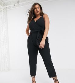 ASOS DESIGN curve wrap front jumpsuit with peg leg and self belt-Black