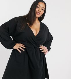 ASOS DESIGN Curve Wrap front long sleeve smock dress in black