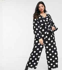 ASOS DESIGN Curve wrap tie jumpsuit in mono polka dot-Multi