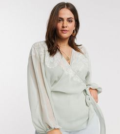 ASOS DESIGN Curve wrap top with embroidered sleeve detail in sage-No color