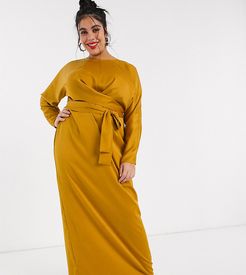 ASOS DESIGN Curve wrap waist batwing sleeve maxi dress-Yellow