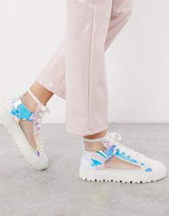 Dazzle high-top mesh sneakers in iridescent and white