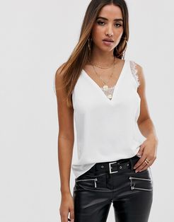 deep plunge lace insert camisole tank-White