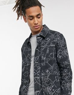 denim jacket in black with all over linear print