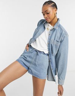 denim sweatpants shorts in midwash set-Blues