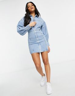 denim zip through dress in midwash-Blues