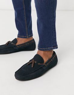 driving shoes in navy suede with lace detail