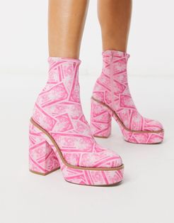Electrics platform ankle boot in money print-Pink
