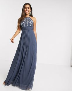 embroidered pleated maxi dress-Multi