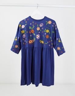embroidered smock dress in navy