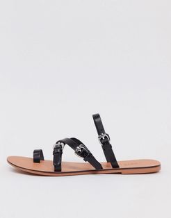 Family leather flat sandals with buckle detail in black