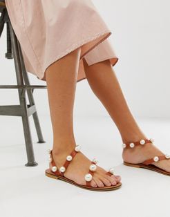 Fare leather pearl flat sandals-Brown