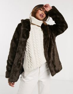 faux-fur stand collar coat in brown-Red