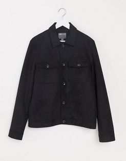 faux suede harrington shacket with utility pocketing in black