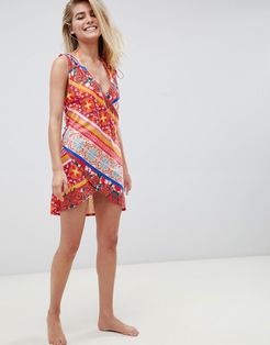 floral postcard print wrap jersey beach cover up-Multi