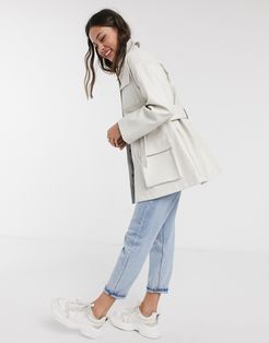 four pocket belted faux leather jacket in white