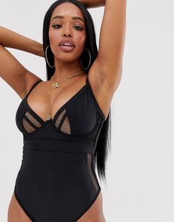 fuller bust cupped large fishnet swimsuit in black dd-g