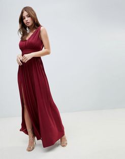 Fuller Bust Premium Lace Insert Pleated Maxi Dress-Red